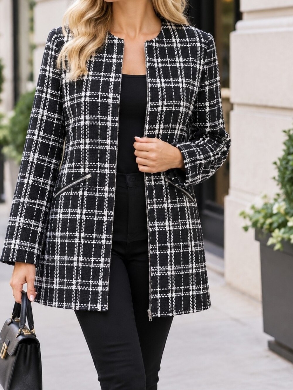 Carolina Belle Montreal Black/White Plaid Zip Lined Jacket Women's Mid-Length L